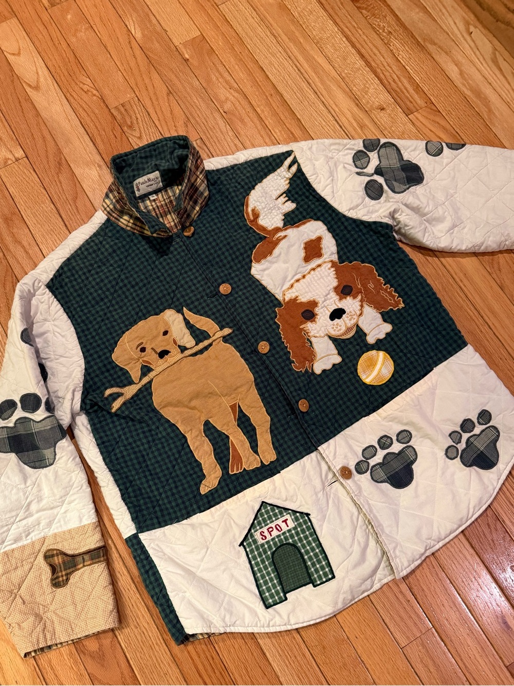 Rare VTG Patchwork Dog Quilt Jacket Pockets - Green, White -Cotton XL